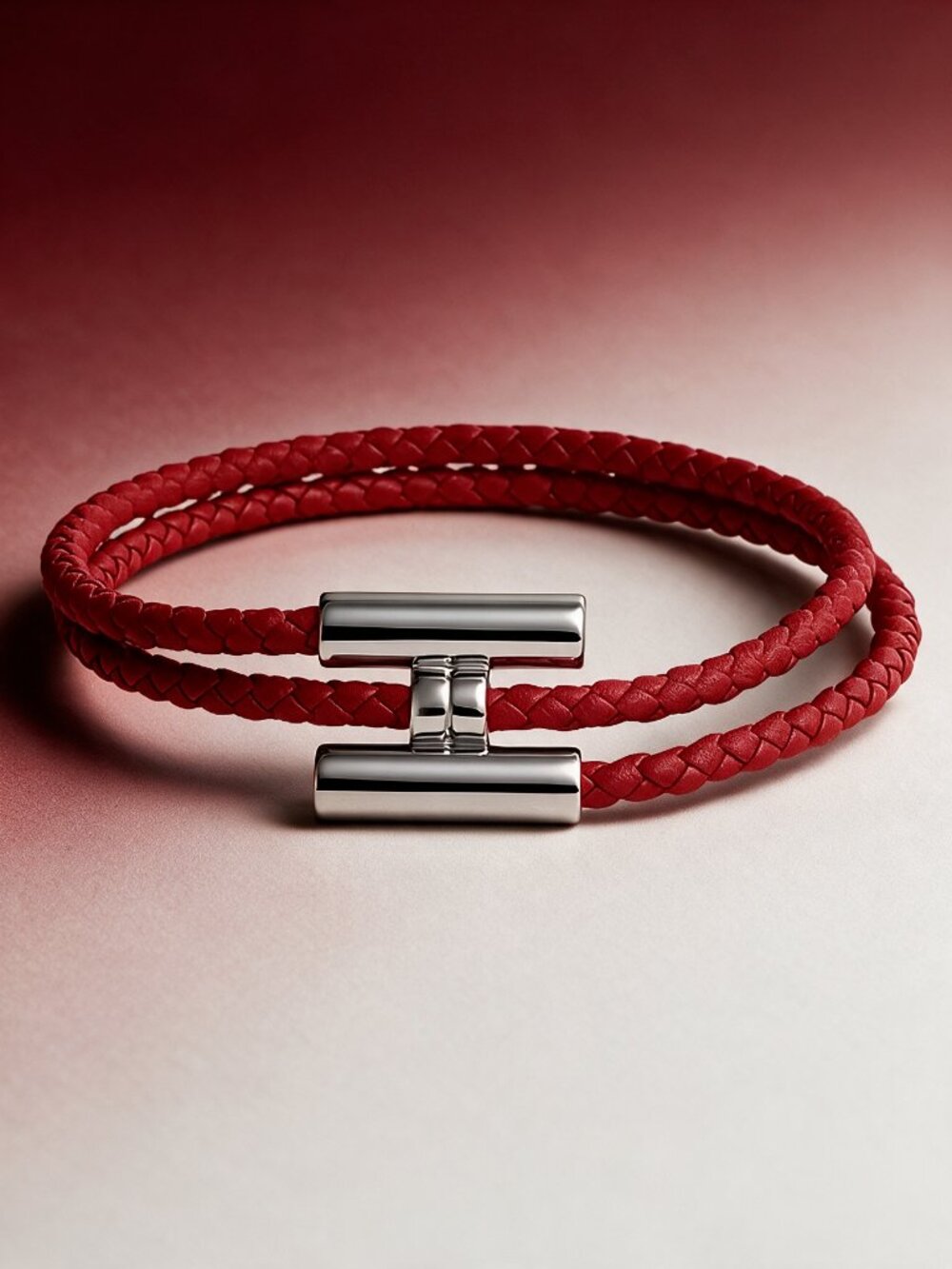Red Braided Leather Wrap Bracelet – Silver-Tone H Clasp (ONE)